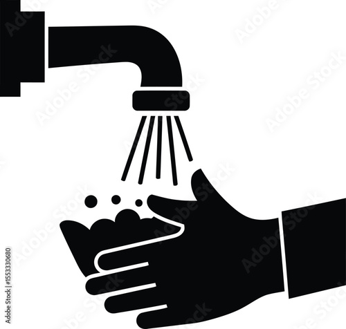 A black and white graphic depicting handwashing with running water from a faucet.