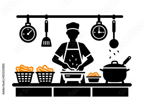 Black and White Vector Illustration of a Chef Cooking Food in a Kitchen with Utensils and Ingredients
