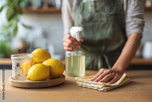 Young woman in apron cleaning kitchen with reusable cloth and natural spray
