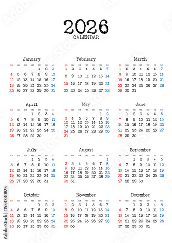 2026年の年間カレンダー日曜始まり 日本の祝日表記無し タイプライター風文字 縦位置