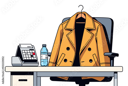 Illustration of an Office Scene with Desk, Cash Register, Water Bottle, and Yellow Coat Hanging on Chair