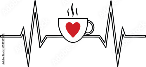 A stylized electrocardiogram line seamlessly transitions into a steaming coffee cup featuring a prominent red heart symbolizing a passion for coffee and a healthy lifestyle