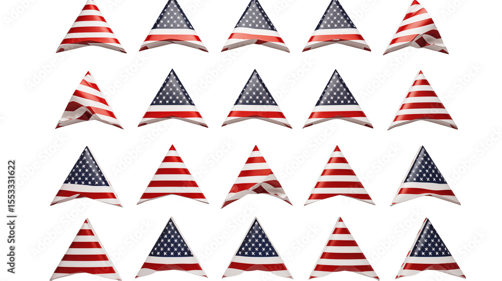 Array of triangular american flags against a black background in a grid pattern arrangement style Array of triangular american flags against a black background in a grid pattern arrangement style