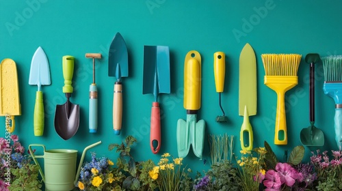 Colorful gardening tools arranged in a row, next to flowers and watering can