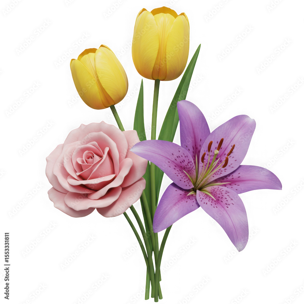 Obraz premium Tulips lily and rose isolated on transparent background