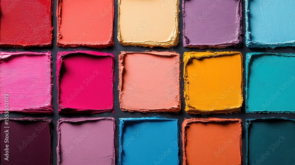 Fototapeta premium An array of vibrant oil paint squares lies artistically arranged, showcasing rich hues and textures that inspire creativity and evoke artistic expression for various projects.