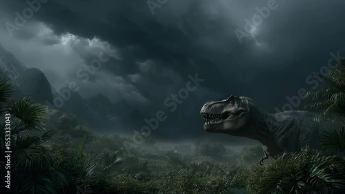 A powerful Tyrannosaurus Rex roars in a dark jungle valley under a dramatic stormy sky. Cinematic scene of a prehistoric monster in a lost world.

