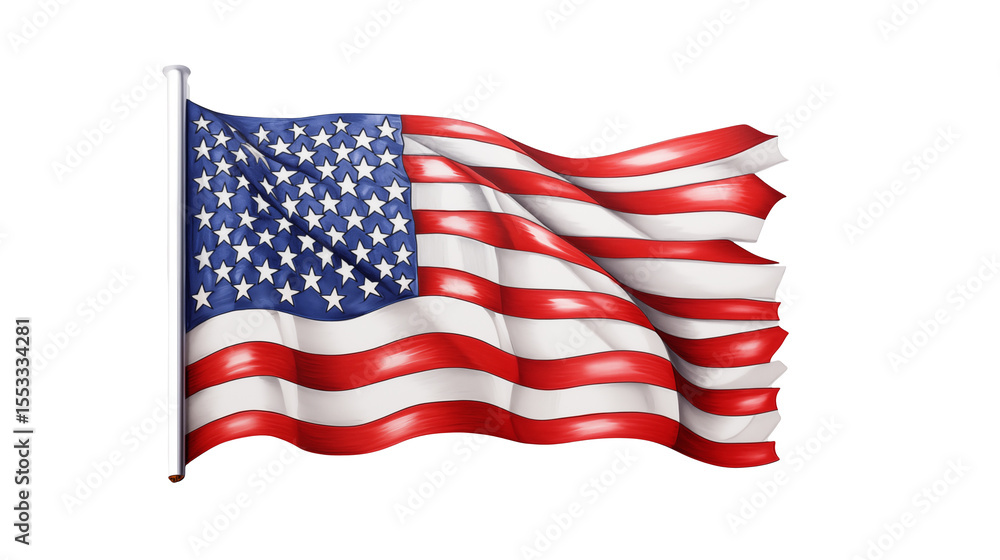 Fototapeta premium A waving american flag with white pole and black background in a patriotic display of freedom