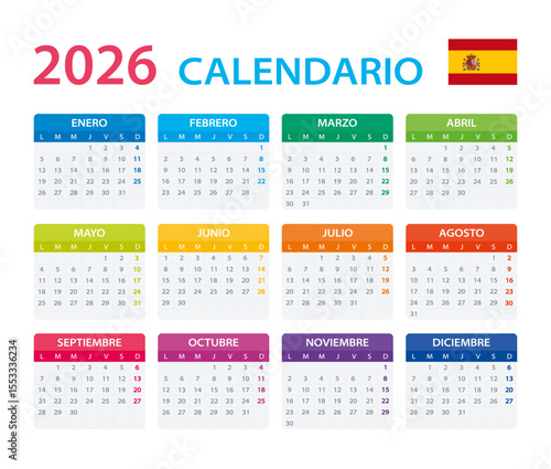 2026 Calendar Spanish - vector illustration, Spanish version.