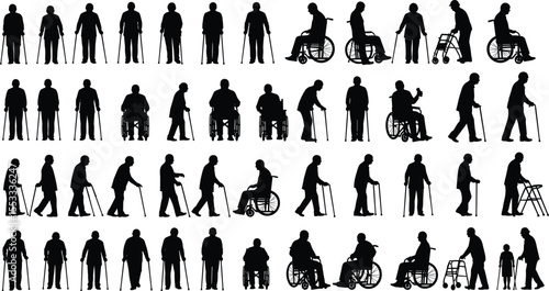 Elderly people silhouette collection with cane, walker, wheelchair, senior mobility aid vector set, aging process graphic, healthcare concept