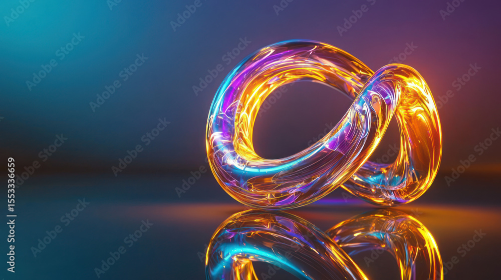 Intertwined luminous glass rings reflect on a dark surface, creating an abstract, vibrant artwork. Intertwined luminous glass rings reflect on a dark surface, creating an abstract, vibrant artwork.