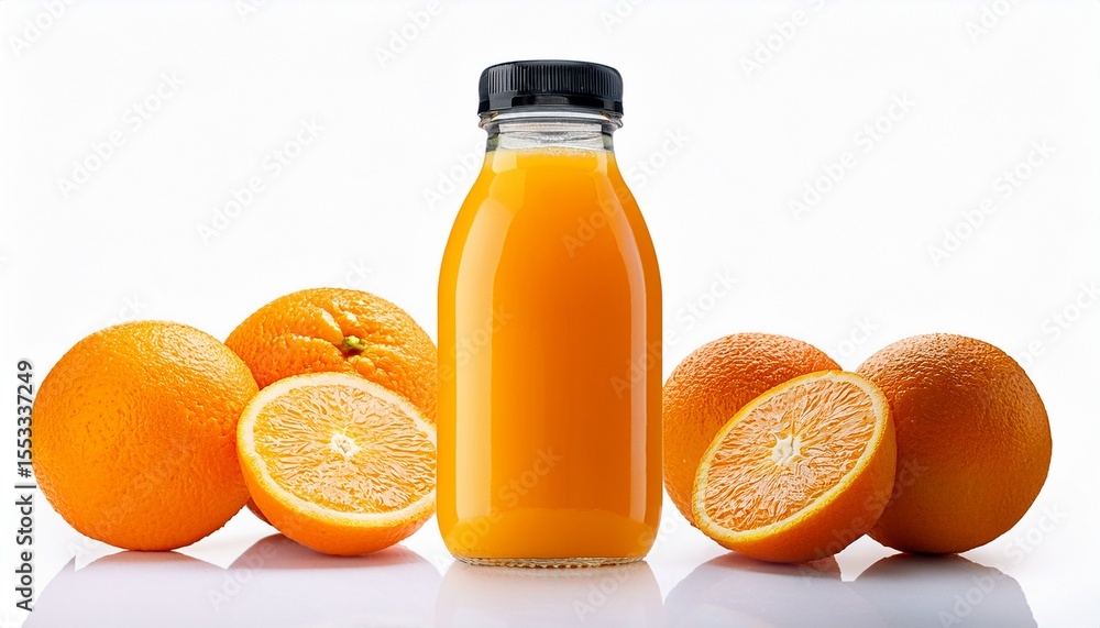 orange juice bottle with matching cap and fresh orange halves beside it refreshing citrus beverage product isolated on white background orange juice bottle with matching cap and fresh orange halves beside it refreshing citrus beverage product isolated on white background