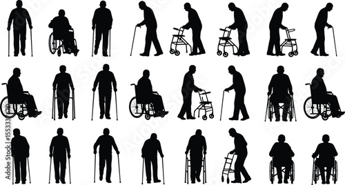 Elderly people walking with cane, using walker and wheelchair, senior mobility aid silhouette collection, disability support, rehabilitation concept
