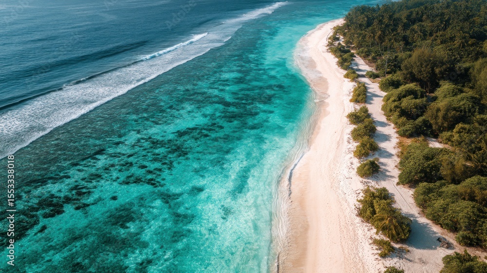 Obraz premium Serene tropical beach with turquoise waters and coral reefs