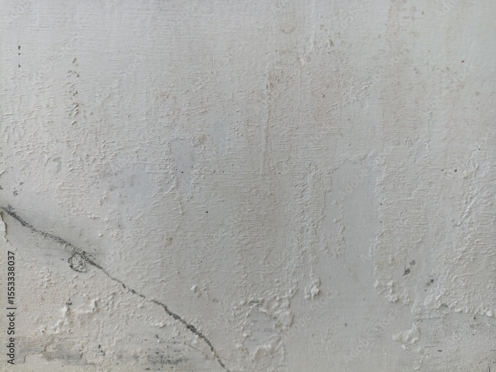 Fototapeta premium Cracked and Textured White Wall Surface. Close-up of a white plaster wall with cracks, peeling textures, and subtle stains, ideal for grunge backgrounds or design overlays