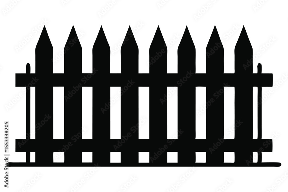 Black Silhouette of a Simple Wooden Picket Fence With Pointed Tops Black Silhouette of a Simple Wooden Picket Fence With Pointed Tops