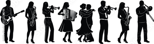 Silhouettes of musicians playing instruments, dancing couple, jazz band performance, musical vector art, saxophone, trumpet, guitar, trombone, accordion, entertainment