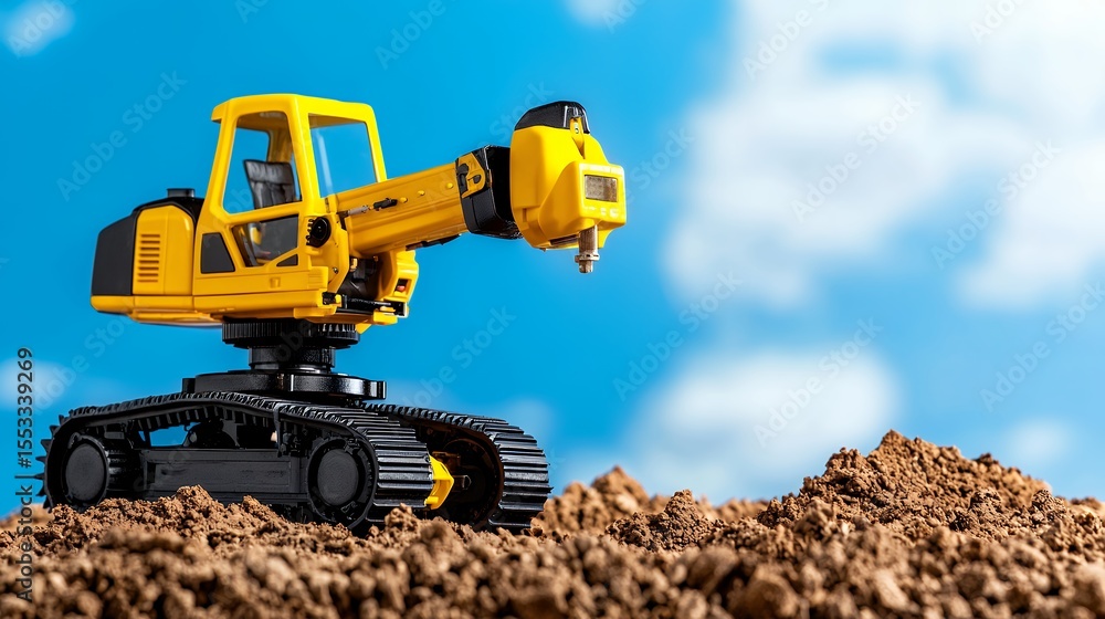 Obraz premium Yellow Toy Excavator on Brown Soil Against Blue Sky