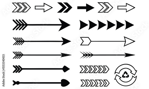 Collection of diverse black and white graphic arrows and a recycling symbol representing direction movement progress and circular economy concepts on a clean white background