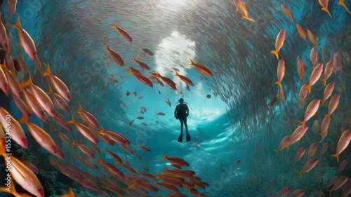 A scuba diver swims through a massive swirling school of vibrant fish in clear blue ocean waters.