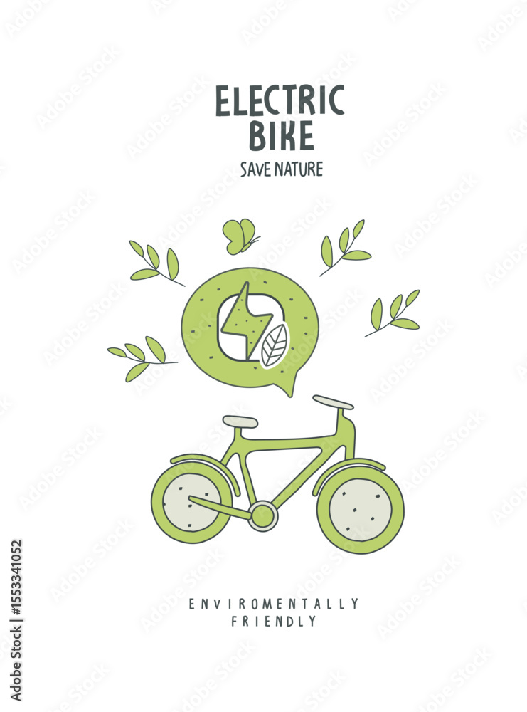 Fototapeta premium Vector hand drawn sketch of electric bicycle. Environmentally friendly planet illustration. Alternative energy in the green city concept.Think Green.