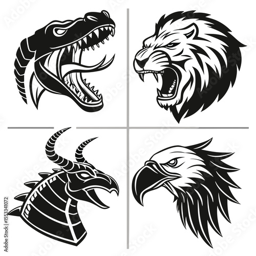 four set of animal heads snake lion hybrid goat and eagle Featuring Bold Line Art and Unique Wildlife Silhouette Perfect for Designers Needing High Quality Creative Graphics for Print, Web, or Stock