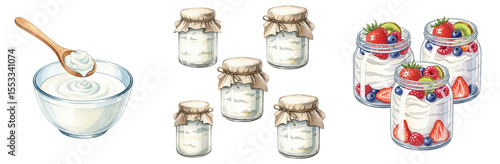 Refreshing watercolor illustration showcasing various dairy products, including creamy yogurt in a bowl with a spoon, multiple jars of plain yogurt, and delightful parfait jars layered with fruit