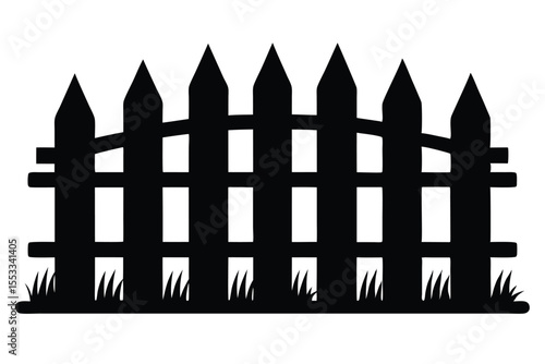 Black Silhouette of a Classic Picket Fence with Grass Detail at the Bottom Edge