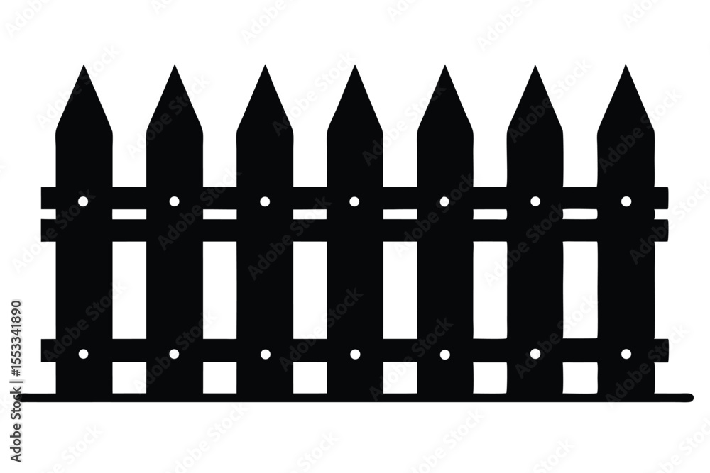 Black Silhouette of a Picket Fence with Pointed Tops, Repeating Structure Black Silhouette of a Picket Fence with Pointed Tops, Repeating Structure