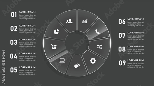 3D Glass Effect Circle Infographic – 9 Step Business Timeline with Speedometer, Clock & Dashboard Gauge