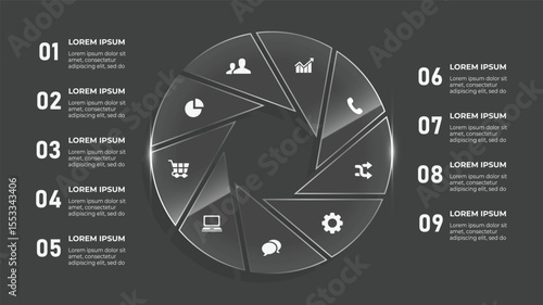 3D Glass Look Circle Infographic – 9 Step Business Timeline with Clock, Timer & Office Time Icons