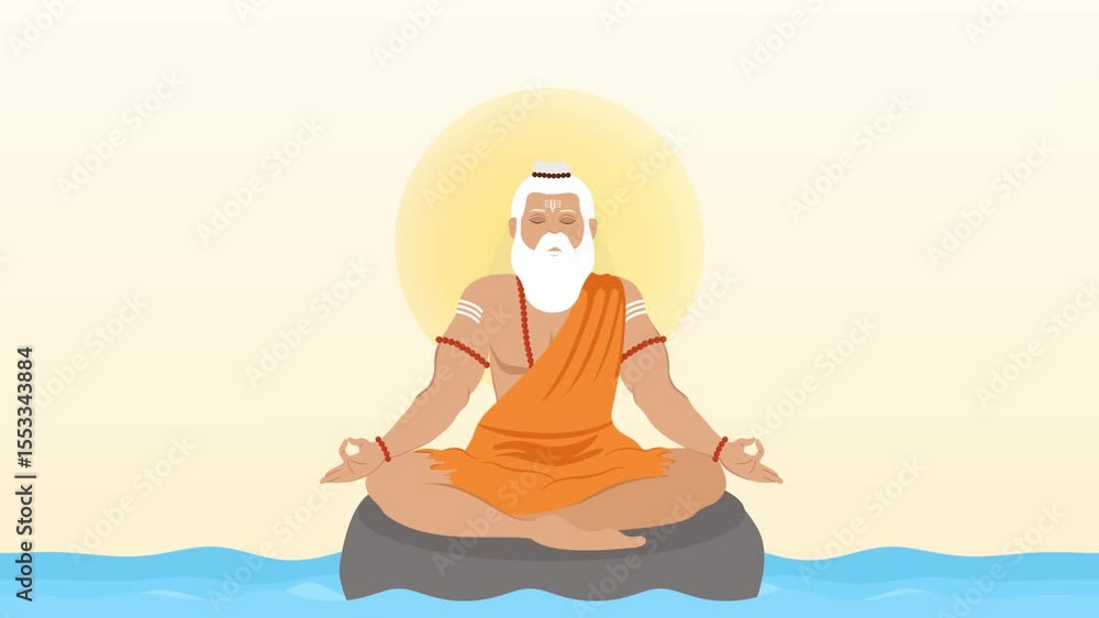 Hindu Sadhu Saint Meditating on River Stone Peaceful Spiritual Scene Animation Hindu Sadhu Saint Meditating on River Stone Peaceful Spiritual Scene Animation