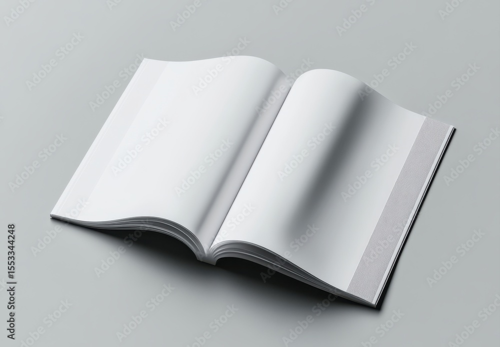 3D rendering featuring three open white magazine pages beautifully arranged on a soft gray background with subtle lighting and shadow effects perfect for showcasing designs and layouts 3D rendering featuring three open white magazine pages beautifully arranged on a soft gray background with subtle lighting and shadow effects perfect for showcasing designs and layouts