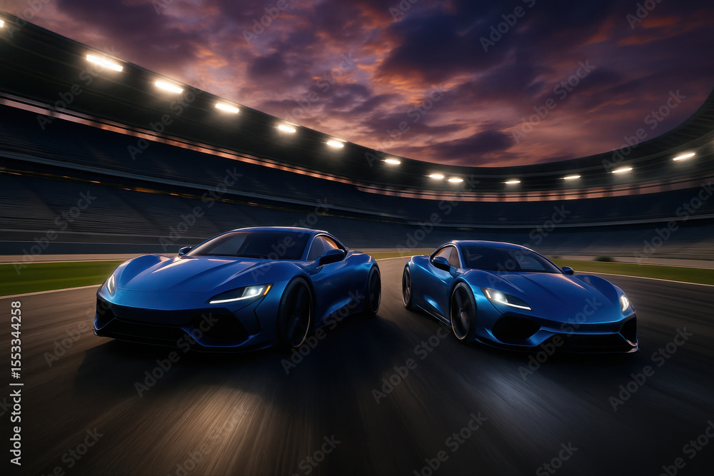 Obraz premium Two sleek futuristic blue sports cars on a high speed race track under stadium lights at dusk