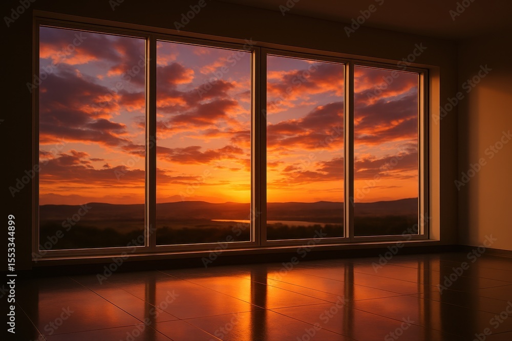 Fototapeta premium Large modern window with panoramic view of dramatic sunset sky and reflective floor