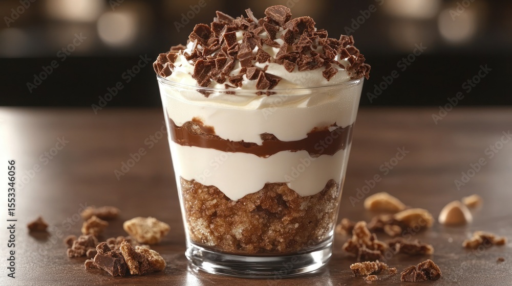 Chocolate dessert parfait in a glass, layered with whipped cream, caramel, and chocolate cookies Chocolate dessert parfait in a glass, layered with whipped cream, caramel, and chocolate cookies