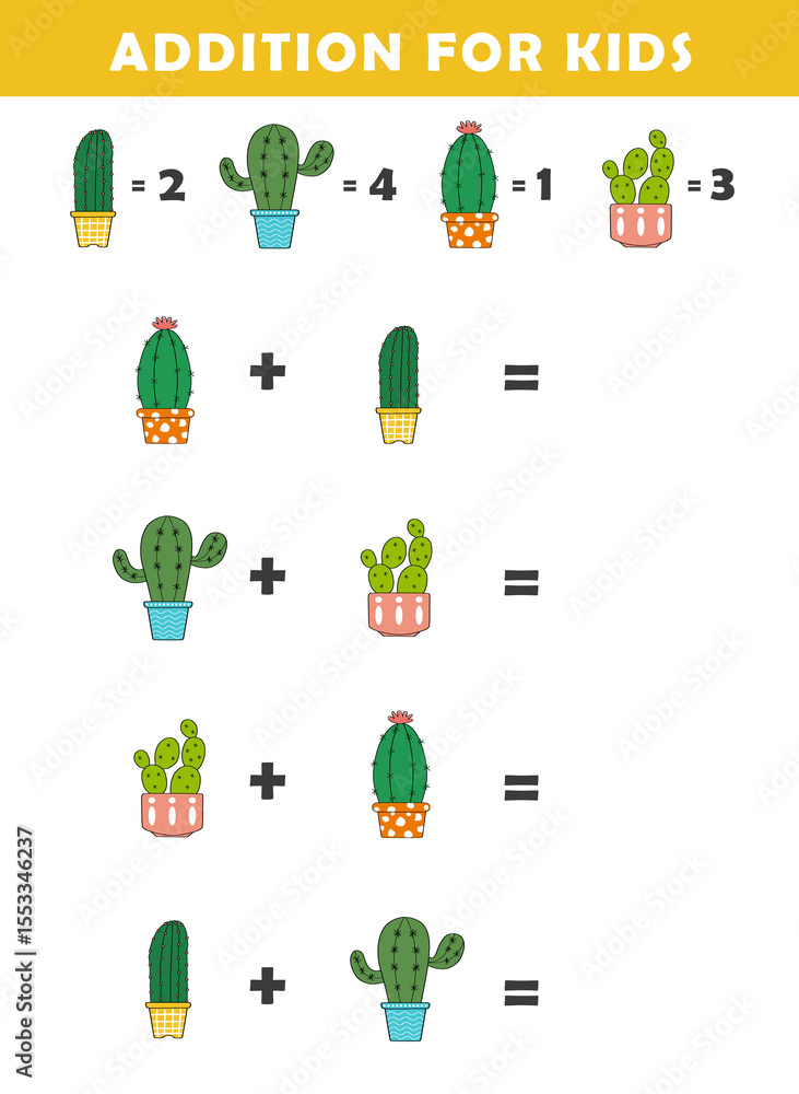 Fototapeta premium Addition for Kids. Fun Math Logic Puzzles for Kids. Math Game with Cute Cactus Illustration. Math Activities for Children.