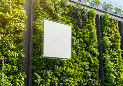 Blank signage on green wall mockup for advertising and information display