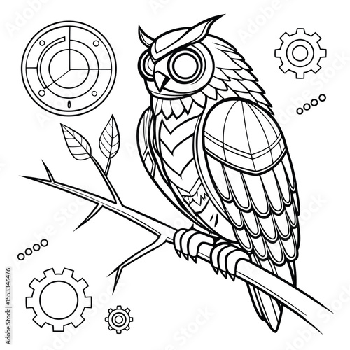 highly detailed cybernetic owl perched on a tree branch with gear icon, mechanical owl creating for detective works