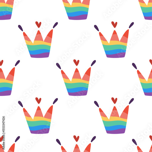 Seamless pattern with rainbow crowns. Colourful LGBTQ+ pride design symbolizing love, royalty, diversity. Playful background for fabric, wrapping paper, digital decoration.