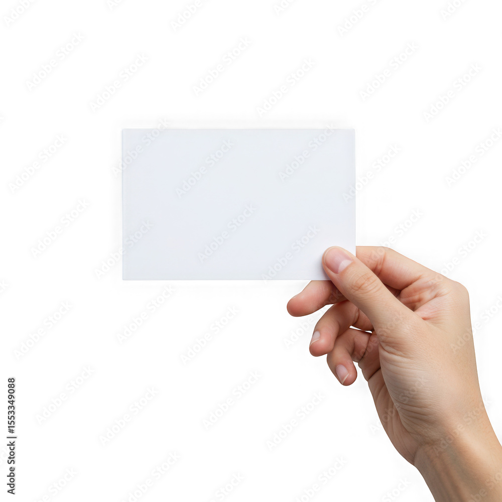 Fototapeta premium Hand holding blank white card isolated on transparent background