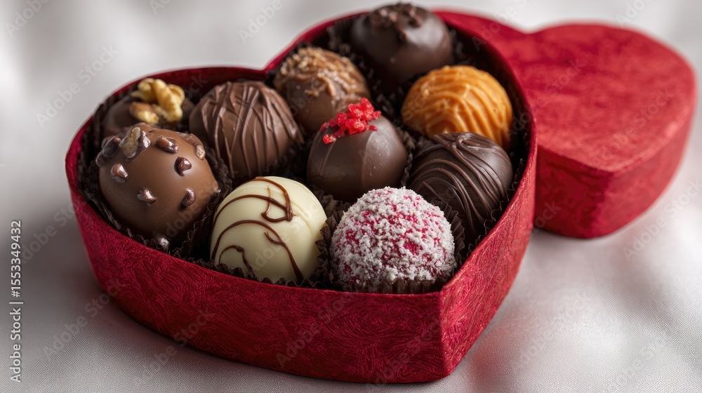 Variety of chocolate truffles arranged in a red heart-shaped gift box.
Variety of chocolate truffles arranged in a red heart-shaped gift box.