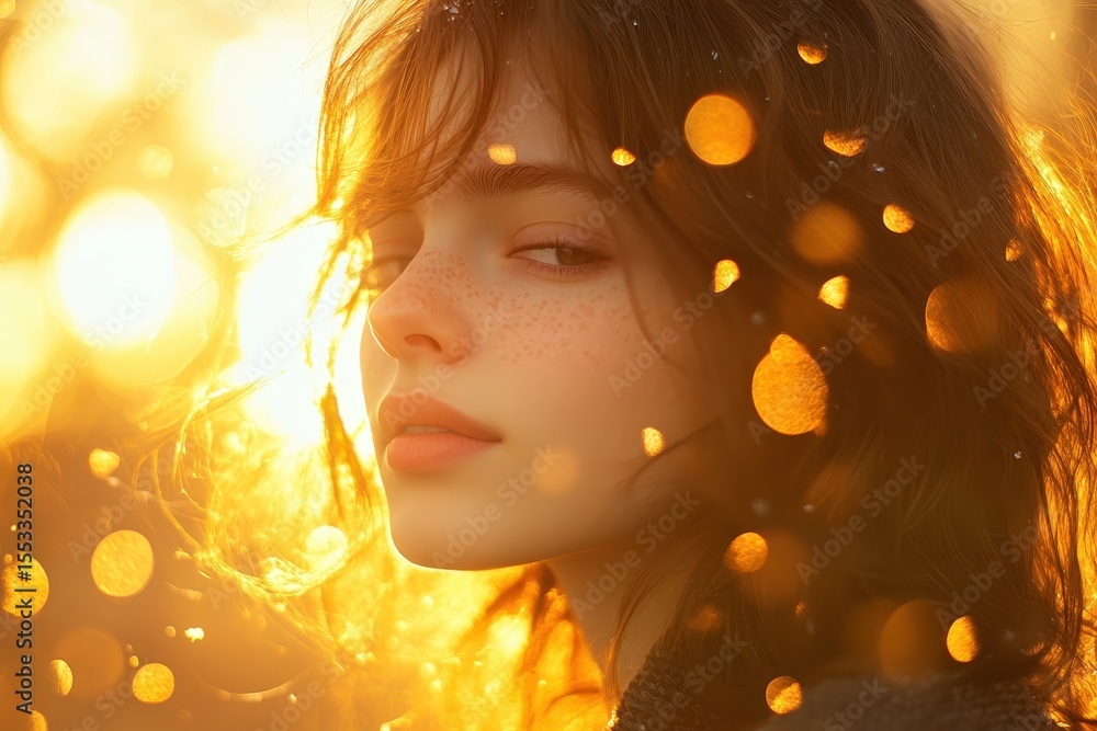 Fototapeta premium Girl with freckles in golden bokeh light, warm and dreamy portrait. Use for beauty ads, or concepts like sunshine, hope, and new beginnings.