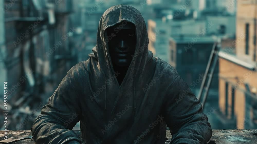 Mysterious figure in a hooded cloak overlooking a cityscape at dusk Mysterious figure in a hooded cloak overlooking a cityscape at dusk