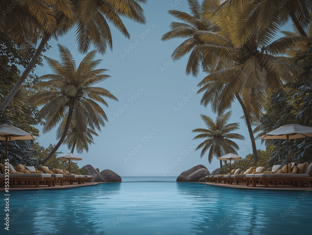 Fototapeta premium Tranquil swimming pool surrounded by lush palm trees and comfortable loungers, reflecting serene blue water under a clear sky, creating a peaceful tropical oasis atmosphere
