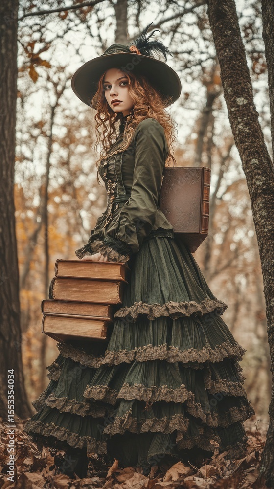 Obraz premium Enchanting Victorian Witch in Autumnal Forest with Books