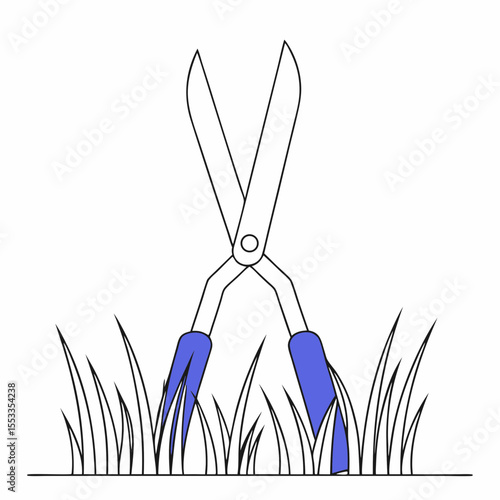 Grass shears cutting grass blades in minimalist style concept of gardening  