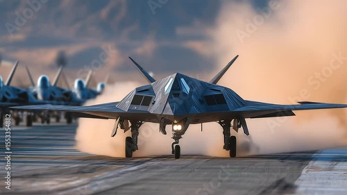 Wallpaper Mural Stealth aircraft passes over an airstrip deep in the desert where fighter jets are lined in formation, dust kicked up by ground crew activity Torontodigital.ca