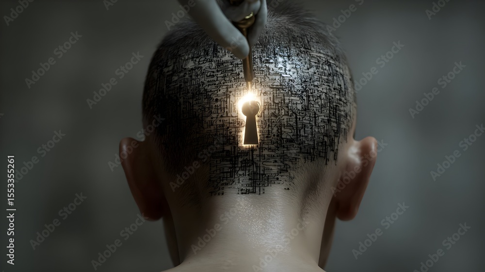 Obraz premium Shaved head with code tattoo and glowing keyhole; lockpick in use, light streaming out. Concept: Blends cybersecurity, mind hacking and digital identity; explores access, intrusion, intellectual contr