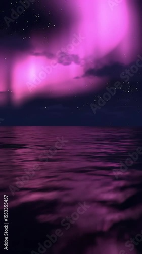 Vibrant Pink Aurora Borealis Reflected in Night Ocean Water